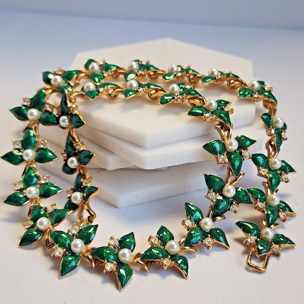 Museum Reproductions Fabergé Inspired Green Enamel Flower Necklace 16"